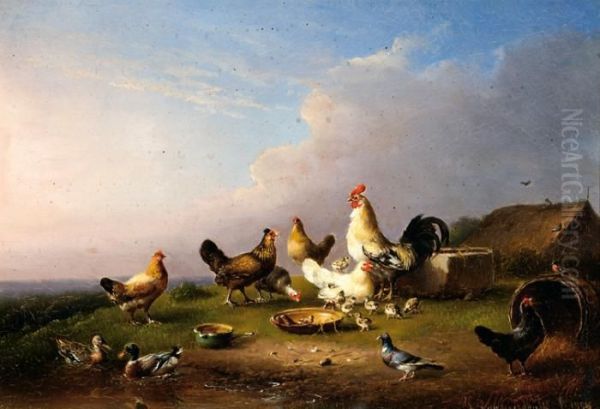 A Rooster, Hens And Chicks In A Landscape Oil Painting by Franz van Severdonck