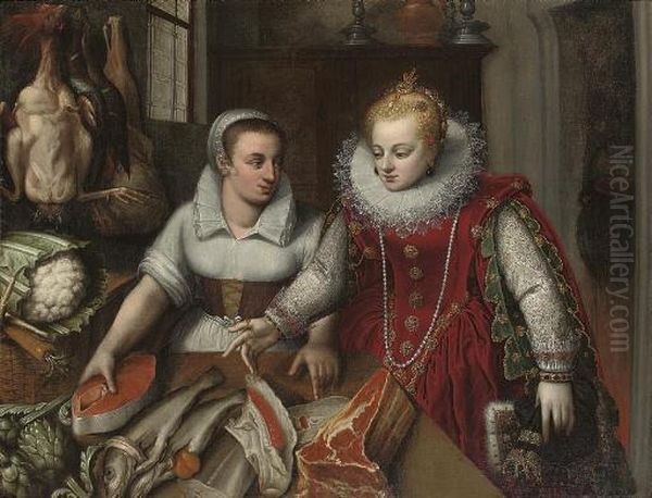 A Lady With Her Maid In A Kitchen Oil Painting by Lucas Van Uden