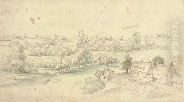 A Wooded Landscape With Houses On A Track Oil Painting by Lucas Van Uden