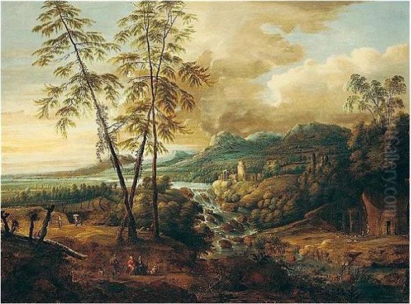 A River Landscape With A Waterfall, Figures Conversing In The Foreground Oil Painting by Lucas Van Uden