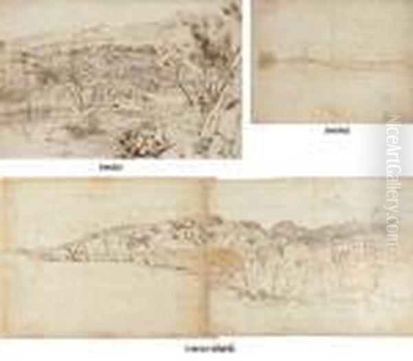 Vue De La Ville De Sorrente Aux 
Environs De Naples (recto); Vue Du Vesuve Au Lointain (verso); Vue De La
 Baie De Sorrento, Des Collines I L'arriere Plan (verso Deplie) Oil Painting by (circle of) Wittel, Gaspar van (Vanvitelli)