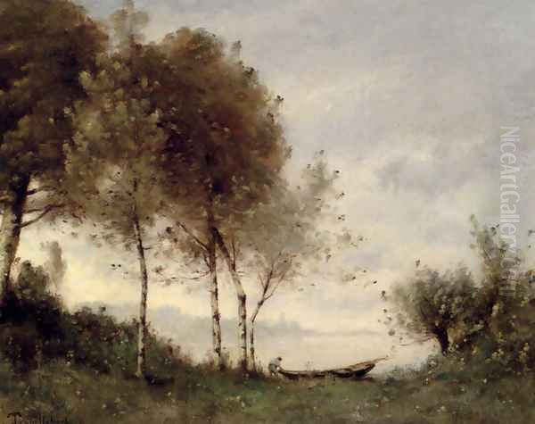 Boatman On A River Landscape Oil Painting by Paul Trouillebert
