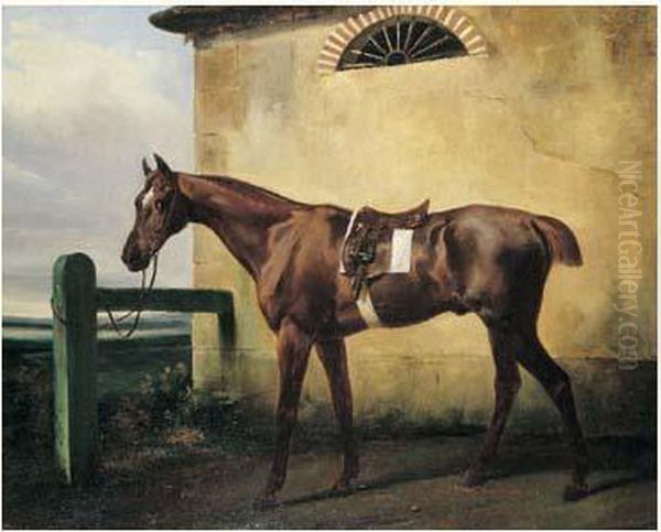 Cheval Selle Attache A Une Barriere Oil Painting by Horace Vernet