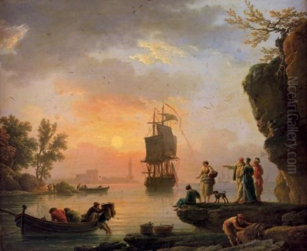 Retour De Peche Dans Un Port 
Mediterraneen Au Soleil Couchant, Un Groupe D'orientaux A Droite Cuivre Oil Painting by Claude-joseph Vernet