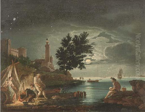 A Moonlit Mediterranean Coastal Landscape With Figures By A Fire Oil Painting by Claude-joseph Vernet