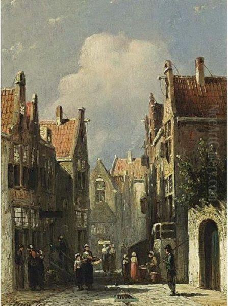 Villagers In The Streets Of A Dutch Town Oil Painting by Pieter Gerard Vertin