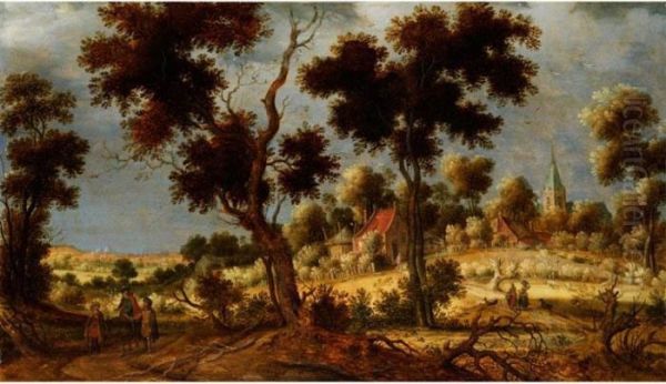 Hugellandschaft Mit Schattigen 
Baumen Sowie Kirche Und Hauser Am Waldrand Mit Figurenstaffage In 
Nachgewittriger Lichtstimmung Oil Painting by David Vinckboons I