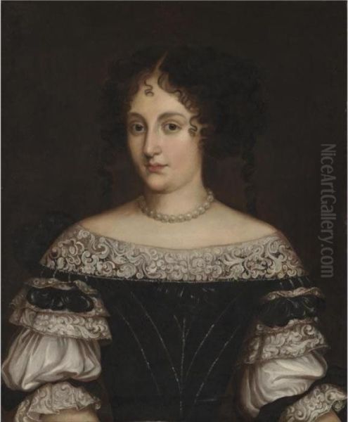 Portrait Of A Lady, Half Length,
 Wearing A Black-and-white Dress With A Lace Trim And Pearl Necklace Oil Painting by Jacob Ferdinand Voet