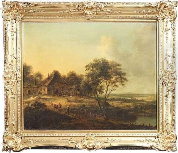 An Extensive Wooded Landscape With A Dutch Barn And Figures. Oil/canvas/canvas Oil Painting by Johann Christian Vollerdt or Vollaert