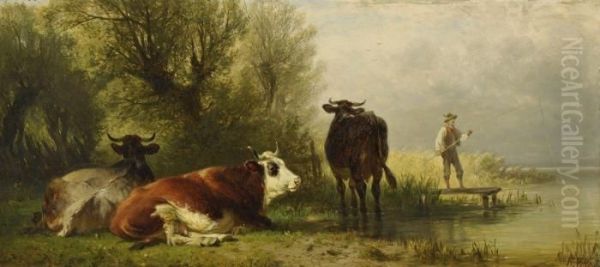 Angler Mit Drei Kuhen Am Seeufer Oil Painting by Friedrich Johann Voltz