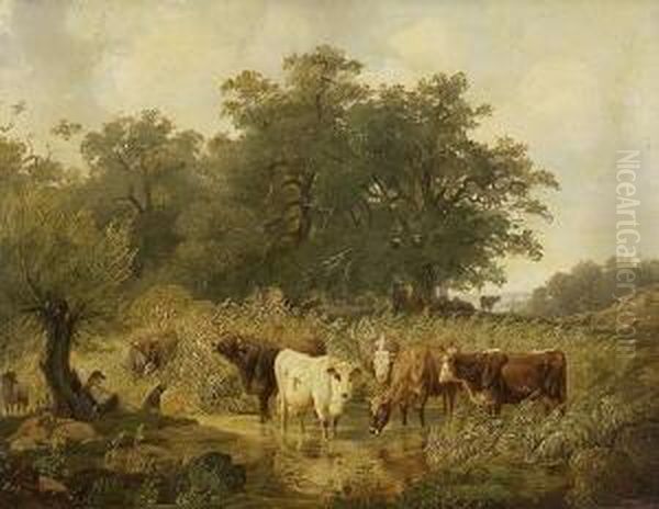 Hirte Mit Kuhen Und Schafen An Der
 Tranke Oil Painting by Friedrich Johann Voltz