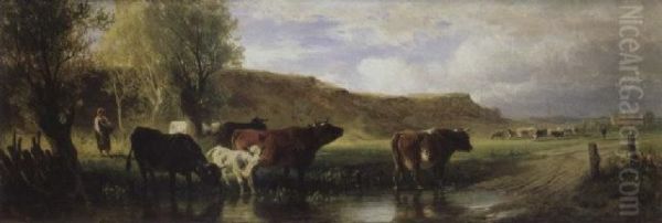 Rindern An Der Tranke Oil Painting by Friedrich Johann Voltz