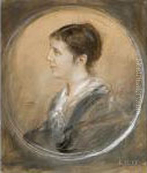 Im Tondo Brustbildnis Im 
Dreiviertelprofilnach Links Einer Dunkelhaarigen Dame Im Grauen Kleid 
Mit Weisemkragen Oil Painting by Lenbach Franz Von