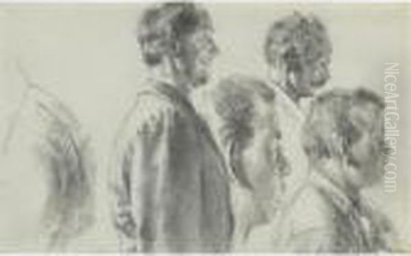Studies Of Male Heads In Profile Oil Painting by Adolph von Menzel