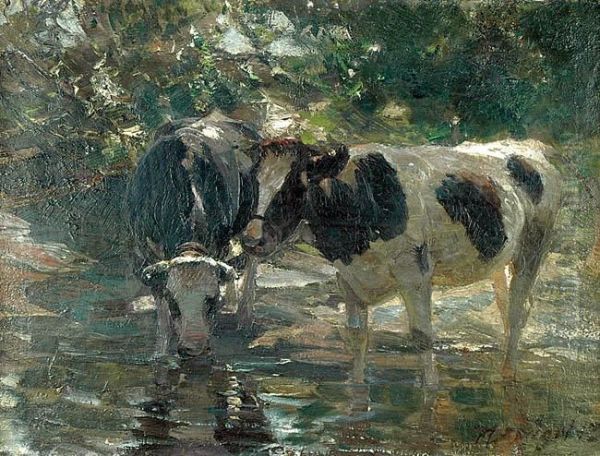 Krowy U Wodopoju Oil Painting by Heinrich Johann Von Zugel