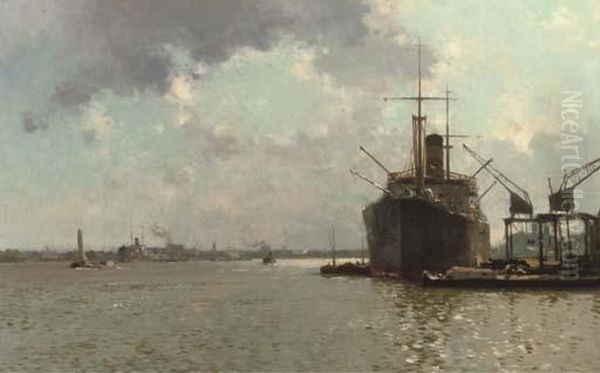 A Passenger Ship Moored Near The Oostelijke Handelskade, Amsterdam Oil Painting by Cornelis Vreedenburgh
