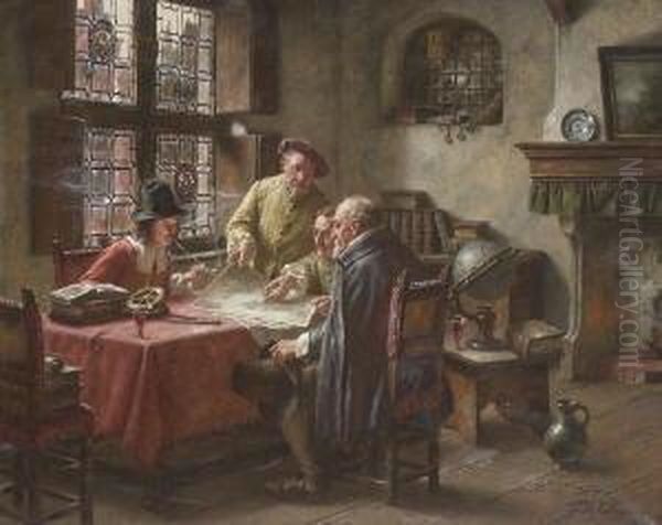Herrenrunde In Hollandischer Stube
 Beim Kartenstudium. Oil Painting by Fritz Wagner