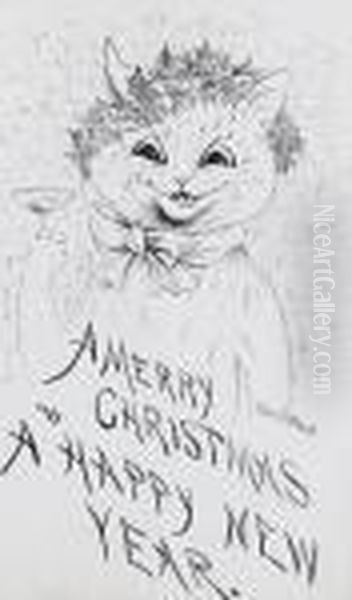 Merry Christmas Cat Oil Painting by Louis William Wain
