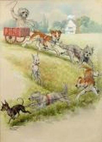 Dog Team Oil Painting by Louis William Wain