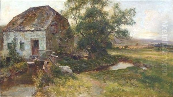 A Country Mill In An Extensive Landscape Oil Painting by Ernst Walbourn