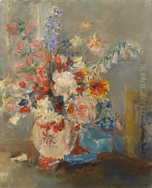 Flowers And Blue Box Oil Painting by Ethel, Dame Walker