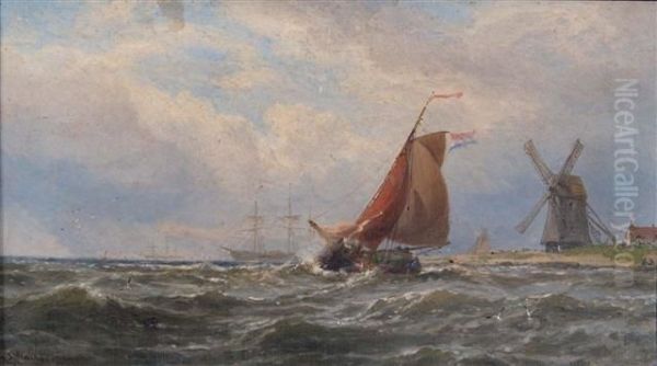 Dutch Fishing Smacks Off The Coast With Windmill Oil Painting by George Stanfield Walters