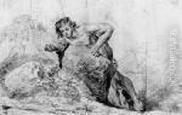 A Boy Leaning On A Rock Reaching Out With His Right Arm Oil Painting by Watteau, Jean Antoine