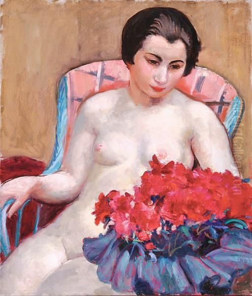 Akt Z Fiolkami Oil Painting by Wojciech Weiss