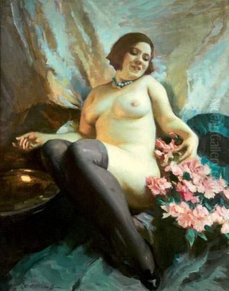 Femme Au Collier De Perles Bleues Oil Painting by Constantin Alexandr. Westchiloff