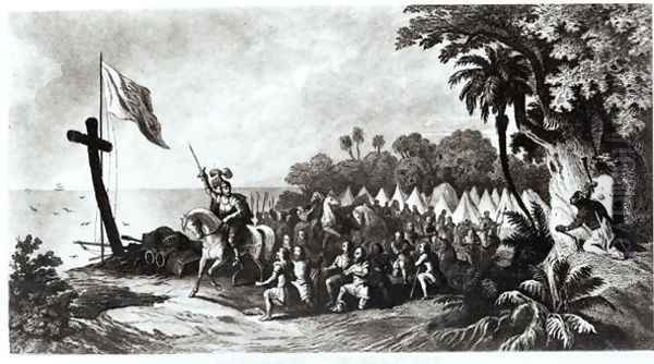 The Landing at Tampa Bay- De Soto and his Followers Swearing to Conquer or Die, engraved by John Sartain Oil Painting by Telfer, R.