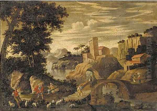 A mountainous river landscape with a shepherd and other figures, a fortress and a house beyond Oil Painting by Agostino Tassi