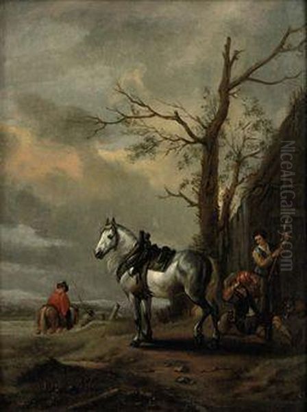 Peasants Resting Outside A Cottage, Travellers Beyond Oil Painting by Pieter Wouwermans or Wouwerman