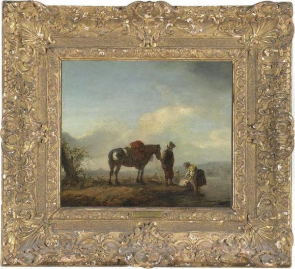 Washerwomen And A Traveler On A River Bank Oil Painting by Pieter Wouwermans or Wouwerman