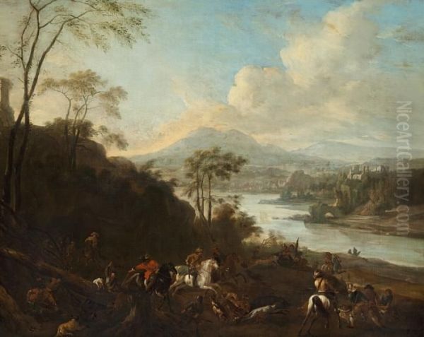 Philip Wouverman Style Of, 18th Century: Hunting For Wild Boars Along A River Oil Painting by Pieter Wouwermans or Wouwerman