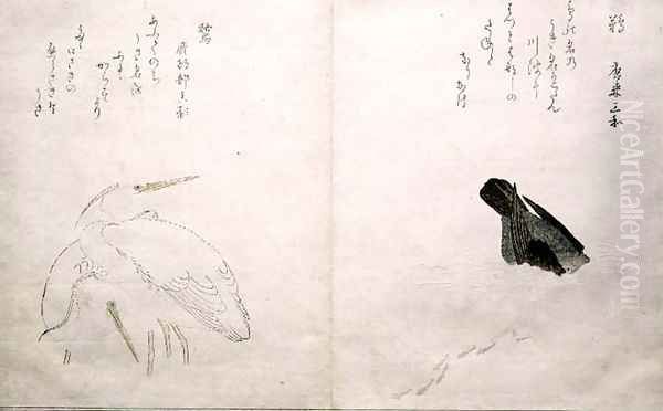 Cormorant on the right and two snowy herons on the left, from an album Birds compared in Humorous Songs, 1791 Oil Painting by Kitagawa Utamaro