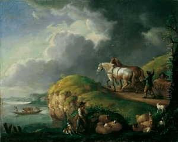 Nachfolge Flusslandschaft Mit 
Pferdegespann. Ol Auf Leinwand . H 41; B 51 Cm. Provenienz: Aus 
Rheinischem Adelsbesitz. Frau M. De Kinkelder Vom Rkd, Den Haag, 
Beurteilt Das Gemalde Als Ein Moglicherwe Oil Painting by Pieter Wouwermans or Wouwerman