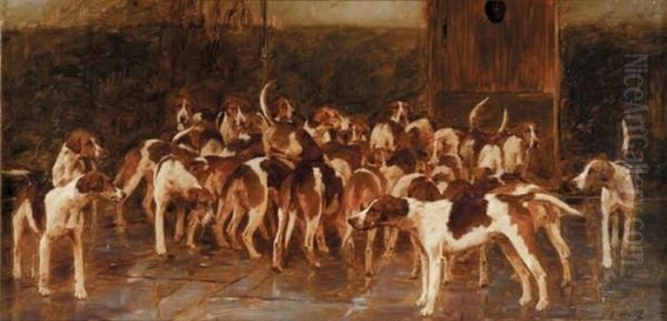 Anticipation - A Pack Of Hounds In A Loose Box Awaiting Thehunt Oil Painting by George Wright