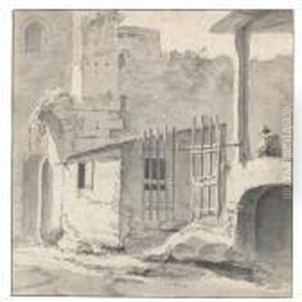 An Italian Courtyard With A Gateway And Seated Figure Oil Painting by Thomas Wyck