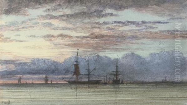 Shipping In A Calm, Sunset Oil Painting by William Wyld