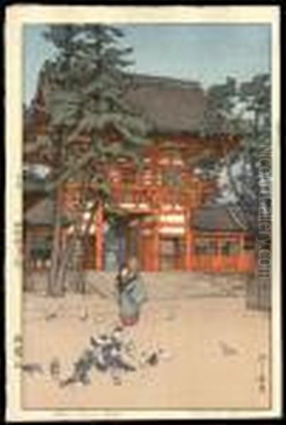 Gion Shrine Gate Oil Painting by Hiroshi Yoshida