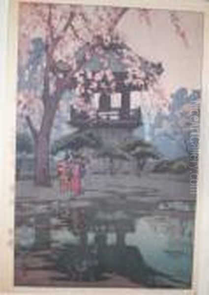 In A Temple Yard Oil Painting by Hiroshi Yoshida