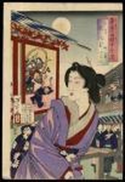Otomi Of Nakanocho Under A Full Moon In Yoshiwara Oil Painting by Tsukioka Yoshitoshi