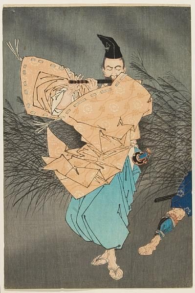 Fujiwara No Yasumasa Playing Flute By Moonlight Oil Painting by Tsukioka Yoshitoshi