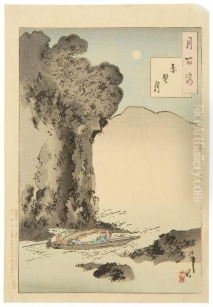 Depicting Boatman Under A Towering Cliff Oil Painting by Tsukioka Yoshitoshi