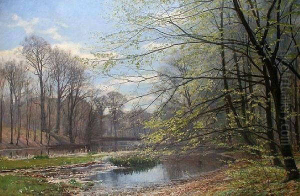 A Wooded Landscape By A Riverside Oil Painting by Christian Zacho