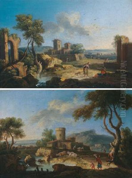 Paesaggio Fluviale Montano Con 
Una Torre Rotonda E Figure; Paesaggio Fluviale Con Rovine E Figure Oil Painting by Giuseppe Zais