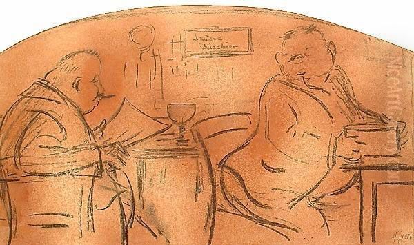Two Men In A Cafe. Oil Painting by Heinrich Zille