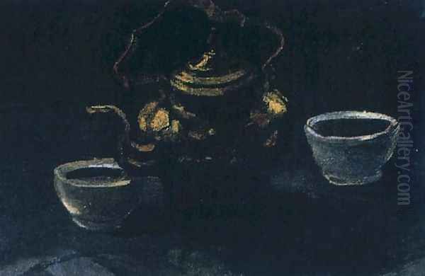 Still Life With Copper Coffeepot And Two White Bowls Oil Painting by Vincent Van Gogh
