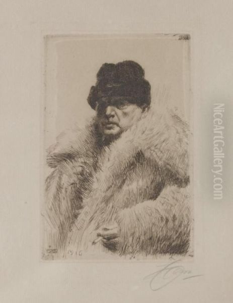 Sjalvportratt I Vargskinnspals Oil Painting by Anders Zorn