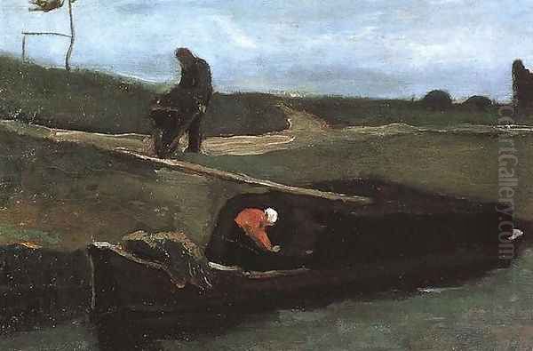 Peat Boat With Two Figures Oil Painting by Vincent Van Gogh